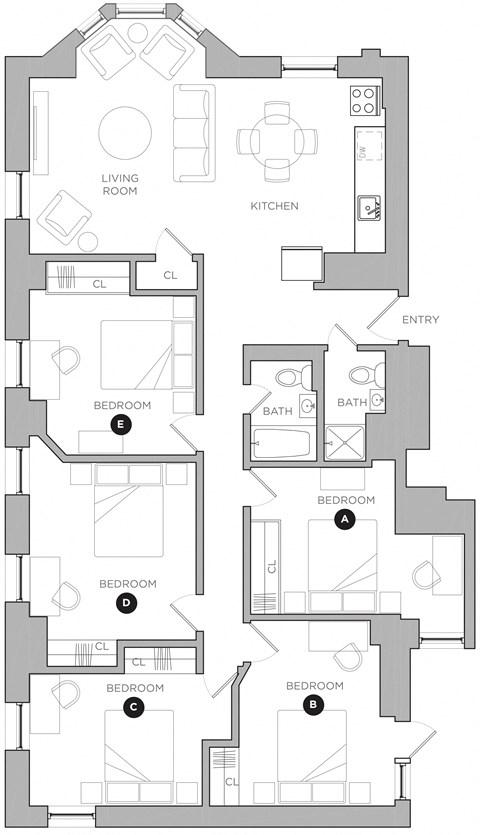 Floor plan for 5 beds, 2 baths, 356 sqft
